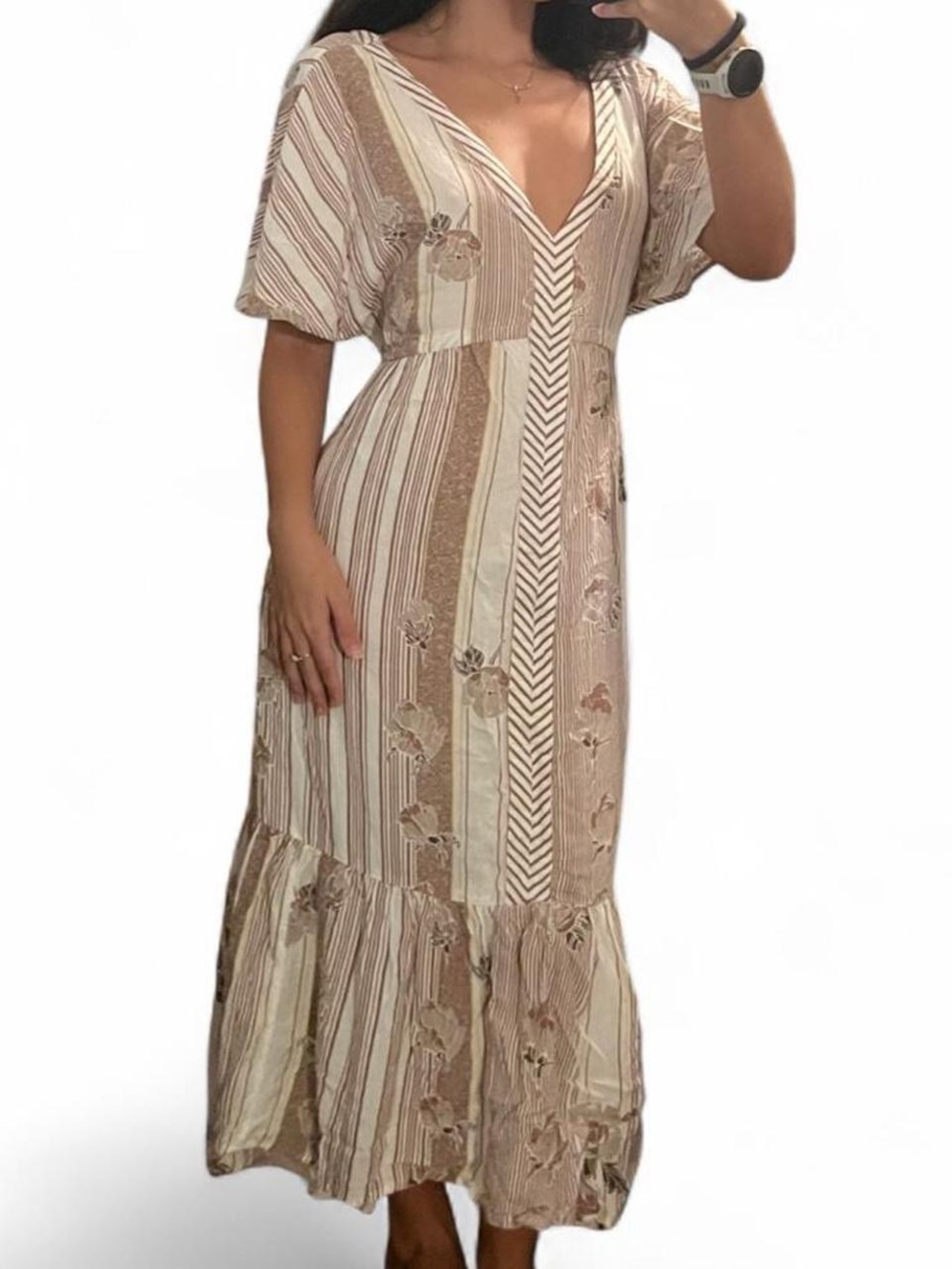 O'Neill Beige Striped Floral V‑Neck Maxi Dress